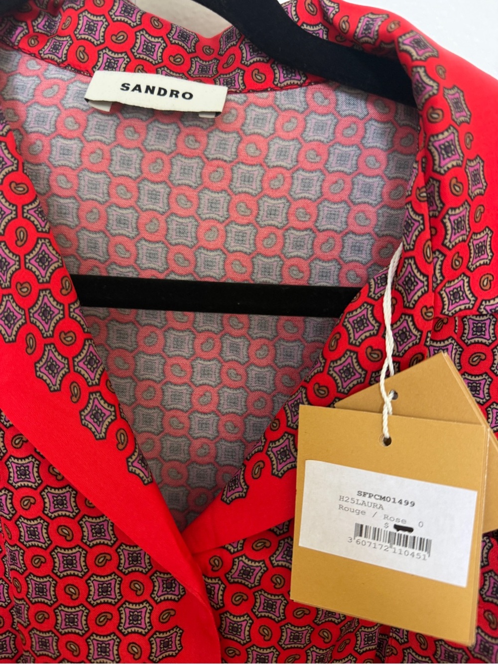 Sandro Red Patterned Cropped Button-Up Shirt NWT - Picture 3 of 4